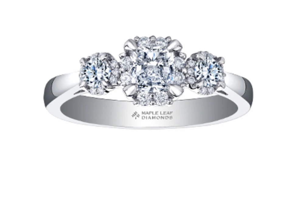 18K White Gold & Palladium Alloy (hypoallergenic) 1.09cttw Canadian 3 Stone Diamond Engagement Ring
