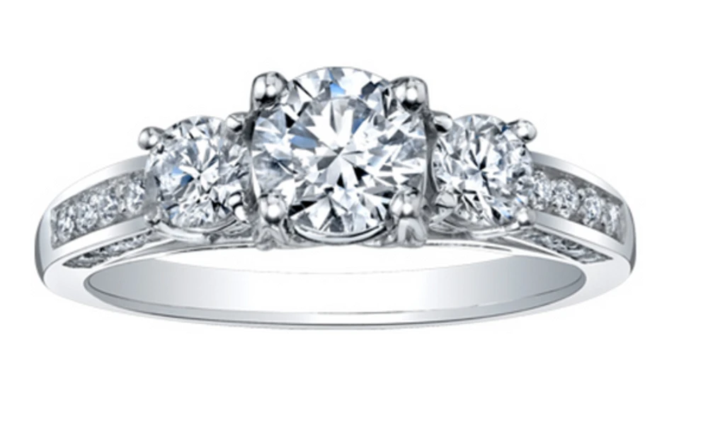 18K White Gold & Palladium Alloy (hypoallergenic) 1.50cttw 3 Stone Canadian Diamond Engagement Ring