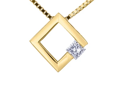 14K Yellow Gold 0.09cttw Princess Cut Canadian Diamond Pendant, 18"