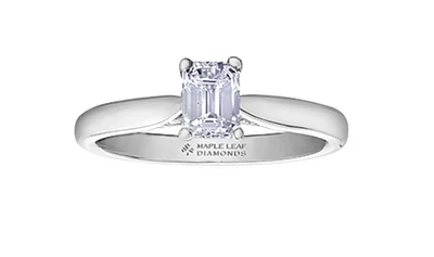 18K White Gold & Palladium Alloy (hypoallergenic) 0.73cttw Emerald Cut Canadian Diamond Engagement Ring