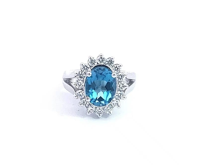 14K White Gold 3.05cttw Blue Topaz and 0.85cttw Diamond Ring