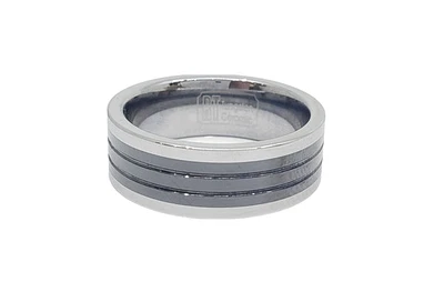Tungsten Ceramic Triple Black Lined with Silver Edges LIMITED EDITION Ring - Size 10
