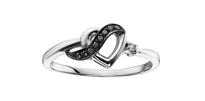 10K White Gold 0.04cttw Treated Black Diamond and 0.04cttw White Diamond Heart Ring, Size 6.5