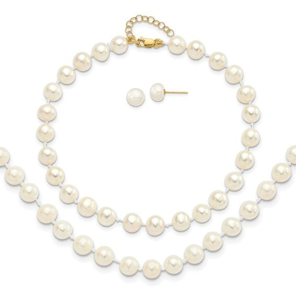 14k 6-7mm Fresh Water Cultured Pearl 7.25" with 1" Extender Bracelet 18" with 2" Extender Necklace and Earring Set