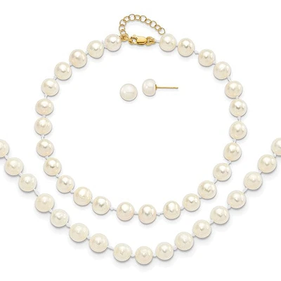 14k 6-7mm Fresh Water Cultured Pearl 7.25" with 1" Extender Bracelet 18" with 2" Extender Necklace and Earring Set
