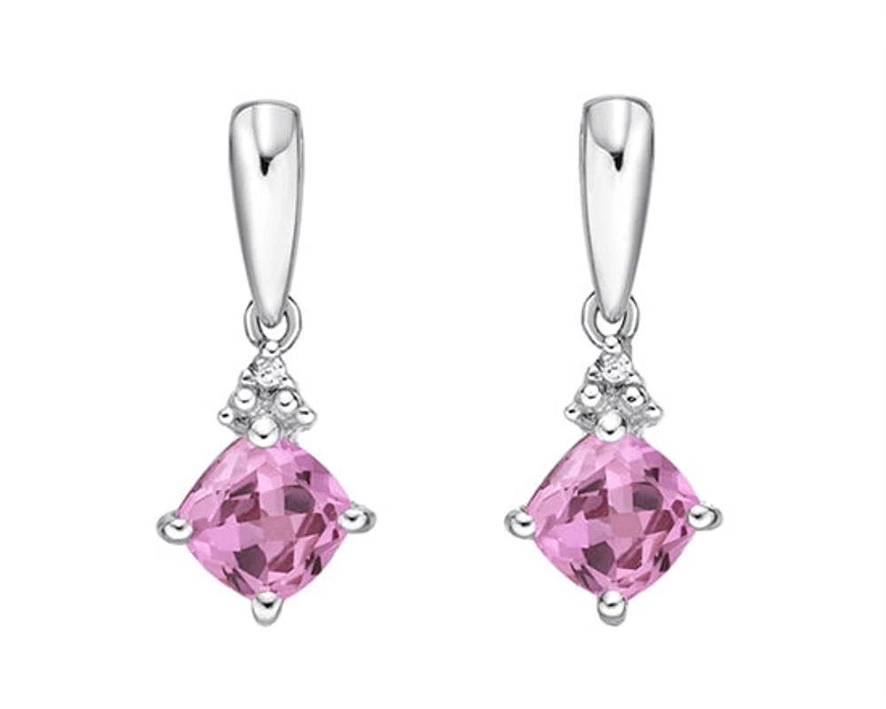 10K White Gold 5mm Princess Cut Created Pink Sapphire and 0.012cttw Diamond Dangle Earrings with Butterfly Backings