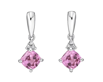 10K White Gold 5mm Princess Cut Created Pink Sapphire and 0.012cttw Diamond Dangle Earrings with Butterfly Backings