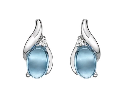 10K White Gold 6x4mm Oval Cabochon Cut Swiss Blue Topaz and 0.02cttw Diamond Earrings