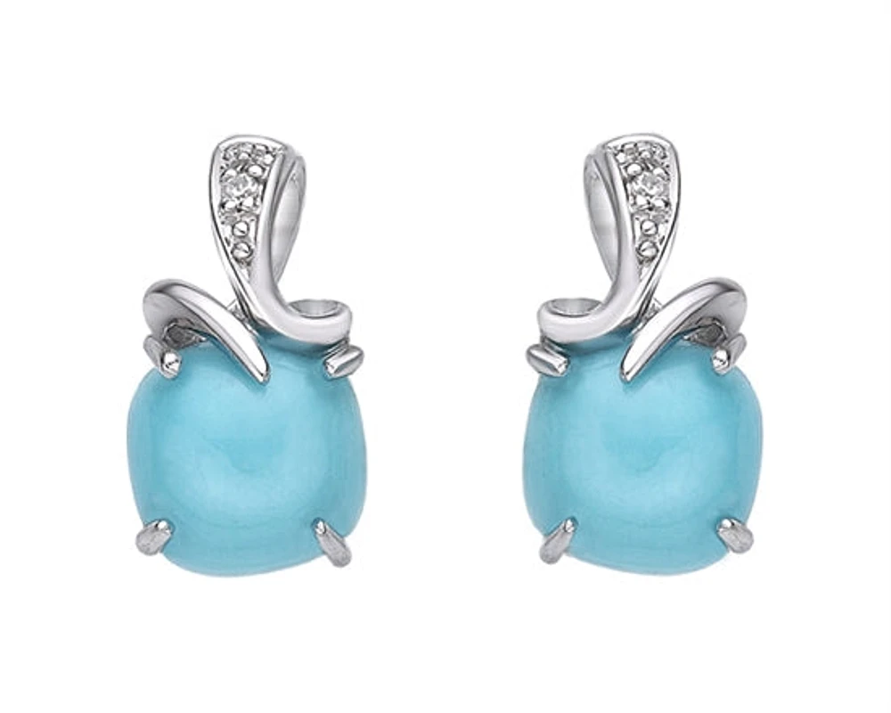 10K White Gold 6mm Cushion Cut Turquoise and 0.01cttw Diamond Earrings with Butterfly Backings
