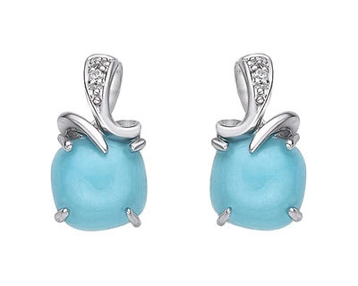 10K White Gold 6mm Cushion Cut Turquoise and 0.01cttw Diamond Earrings with Butterfly Backings
