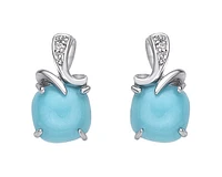 10K White Gold 6mm Cushion Cut Turquoise and 0.01cttw Diamond Earrings with Butterfly Backings