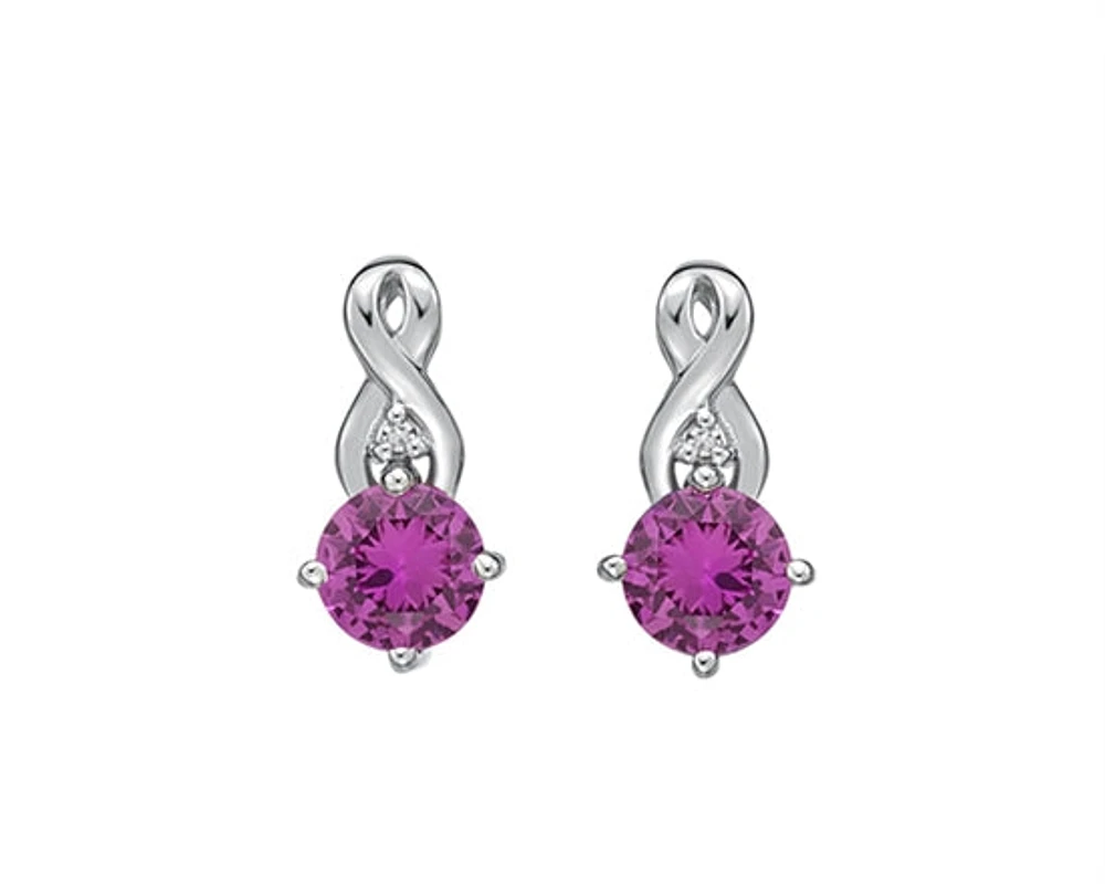 10K White Gold 5mm Round Cut Created Pink Sapphire and 0.012cttw Diamond Earrings with Butterfly Backings
