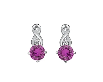 10K White Gold 5mm Round Cut Created Pink Sapphire and 0.012cttw Diamond Earrings with Butterfly Backings