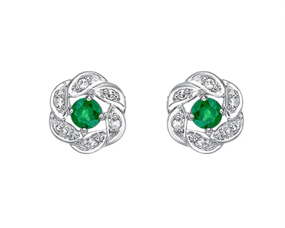 10K White Gold 2.80mm Round Cut Emerald and 0.05cttw Diamond Halo Stud Earrings with Butterfly Backings