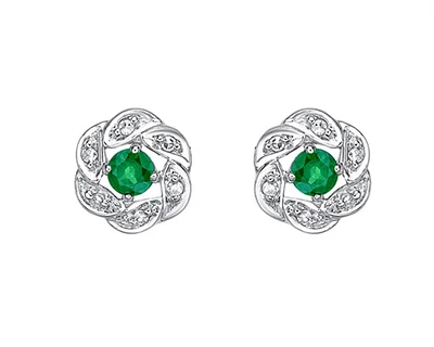 10K White Gold 2.80mm Round Cut Emerald and 0.05cttw Diamond Halo Stud Earrings with Butterfly Backings