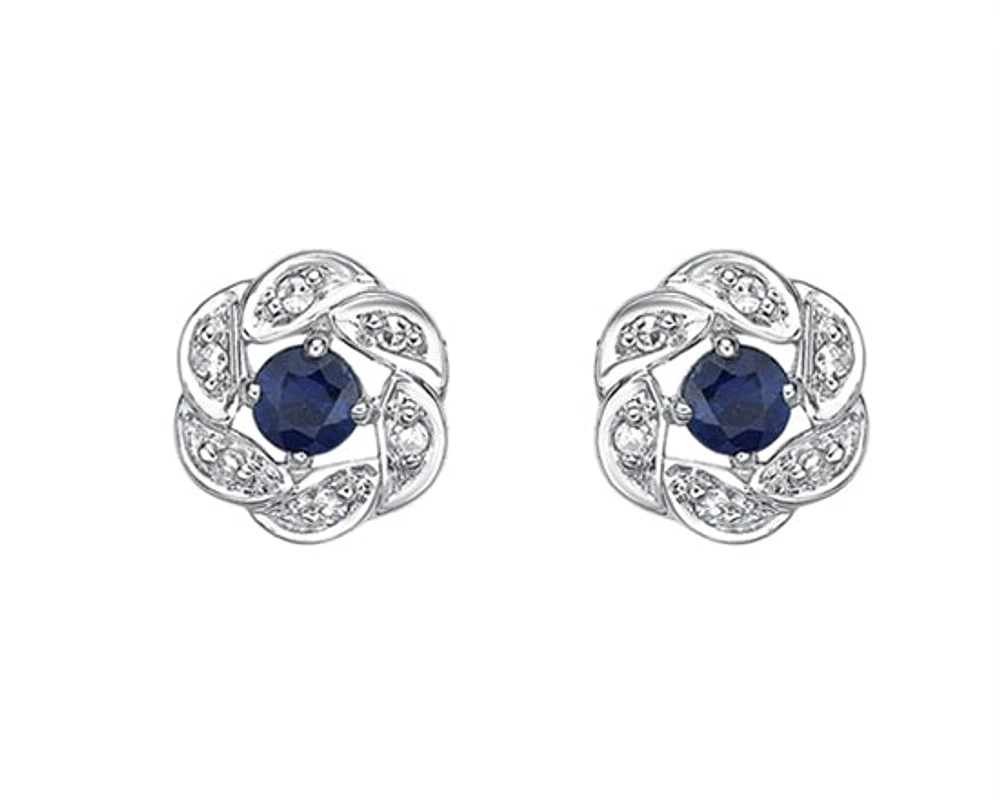 10K White Gold 2.80mm Round Cut Sapphire and 0.05cttw Diamond Halo Stud Earrings with Butterfly Backings