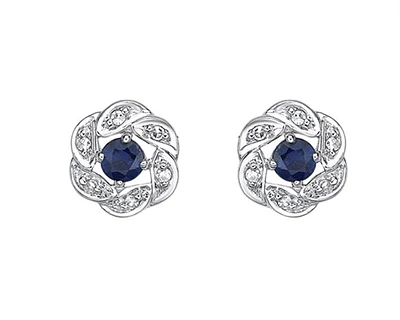 10K White Gold 2.80mm Round Cut Sapphire and 0.05cttw Diamond Halo Stud Earrings with Butterfly Backings