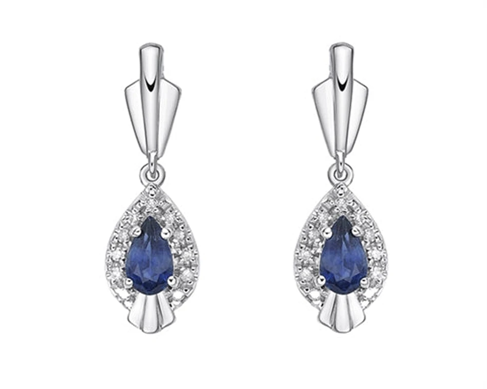 10K White Gold 5x3mm Pear Cut Sapphire and 0.065cttw Diamond Dangle Earrings with Butterfly Backings