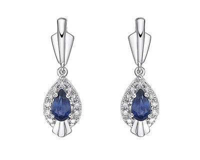10K White Gold 5x3mm Pear Cut Sapphire and 0.065cttw Diamond Dangle Earrings with Butterfly Backings