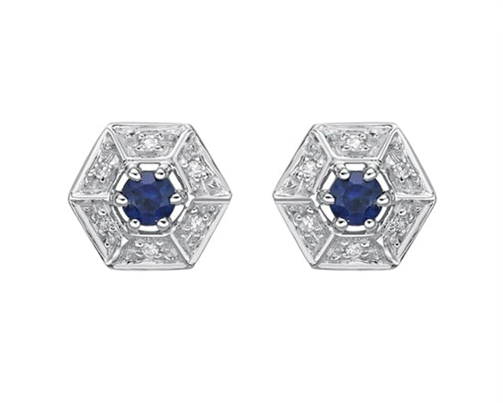 10K White Gold 3.00mm Round Cut Sapphire and 0.05cttw Diamond Halo Stud Earrings with Butterfly Backings