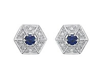 10K White Gold 3.00mm Round Cut Sapphire and 0.05cttw Diamond Halo Stud Earrings with Butterfly Backings