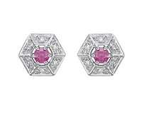 10K White Gold 3mm Round Cut Pink Sapphire and 0.05cttw Diamond Halo Stud Earrings with Butterfly Backings