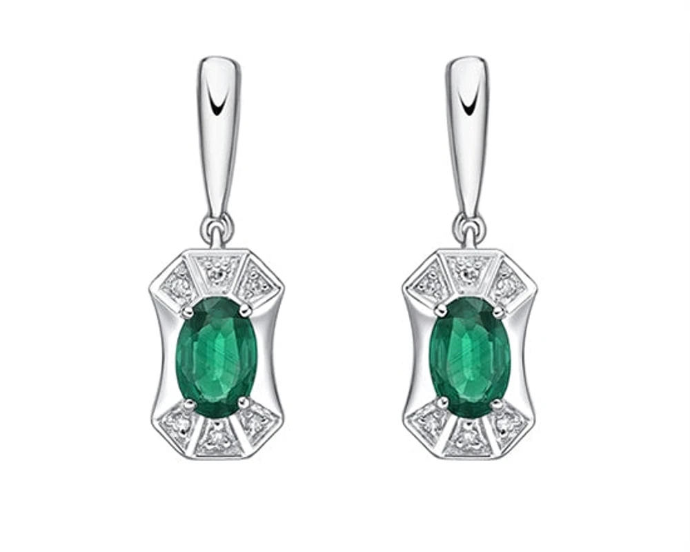 10K White Gold 5x3mm Oval Cut Emerald and 0.04cttw Diamond Dangle Earrings with Butterfly Backings