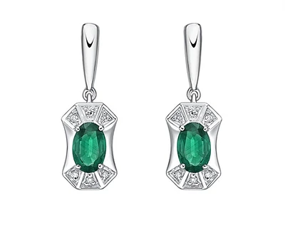 10K White Gold 5x3mm Oval Cut Emerald and 0.04cttw Diamond Dangle Earrings with Butterfly Backings