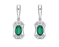 10K White Gold 5x3mm Oval Cut Emerald and 0.04cttw Diamond Dangle Earrings with Butterfly Backings