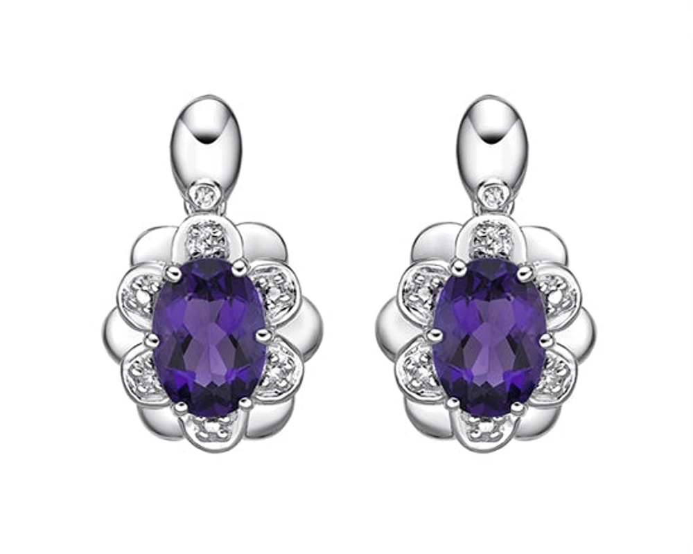10K White Gold 6x4mm Oval Cut Amethyst and 0.04cttw Diamond Slight Drop Earrings with Butterfly Backs