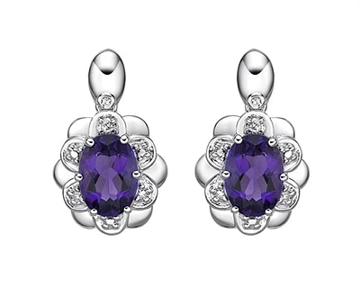 10K White Gold 6x4mm Oval Cut Amethyst and 0.04cttw Diamond Slight Drop Earrings with Butterfly Backs