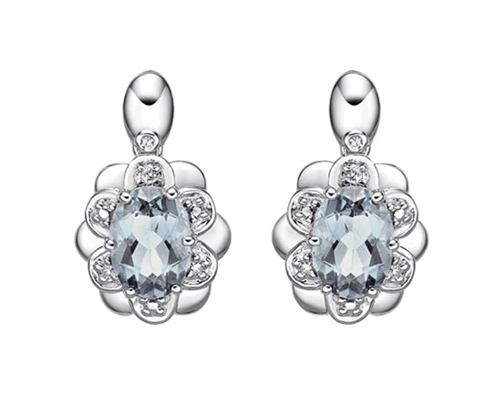 10K White Gold 6x4mm Aquamarine and 0.04cttw Diamond Earrings