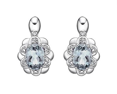 10K White Gold 6x4mm Aquamarine and 0.04cttw Diamond Earrings