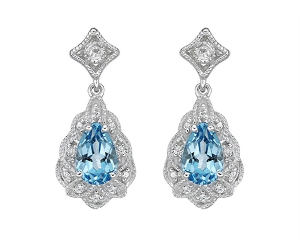 10K White Gold 6x4mm Pear Cut Swiss Blue Topaz and 0.05cttw Diamond Dangle Earrings
