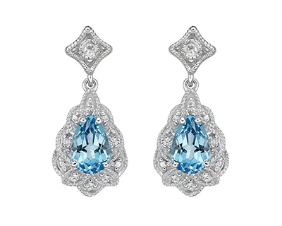 10K White Gold 6x4mm Pear Cut Swiss Blue Topaz and 0.05cttw Diamond Dangle Earrings