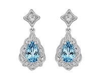 10K White Gold 6x4mm Pear Cut Swiss Blue Topaz and 0.05cttw Diamond Dangle Earrings