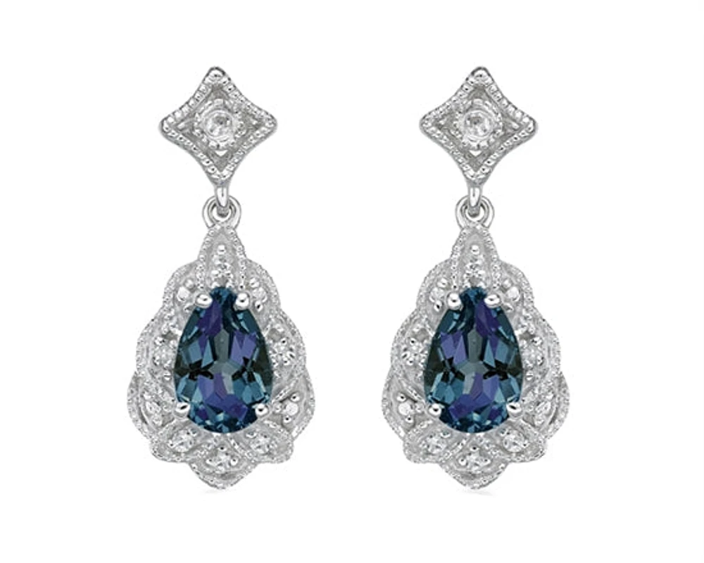 10K White Gold 6x4mm Pear Cut Created Alexandrite and 0.05cttw Diamond Scalloped Halo Dangle Earrings with Butterfly Backings