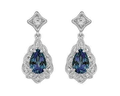 10K White Gold 6x4mm Pear Cut Created Alexandrite and 0.05cttw Diamond Scalloped Halo Dangle Earrings with Butterfly Backings