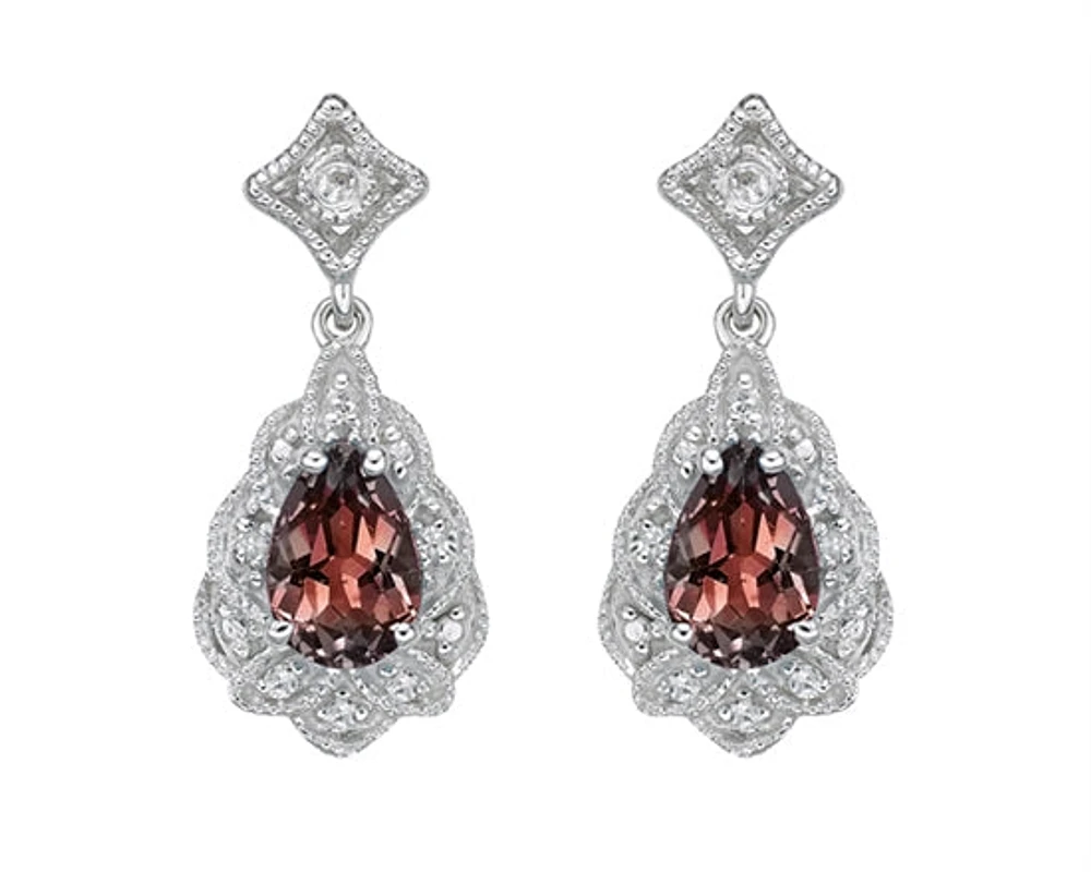 10K White Gold 6x4mm Pear Cut Garnet and 0.05cttw Diamond Scallop Halo Dangle Earrings with Butterfly Backings