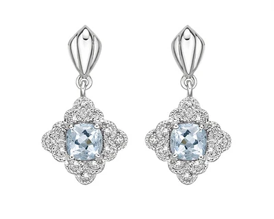 10K White Gold 4.0mm Cushion Cut  Aquamarine and 0.03cttw Diamond Dangle Earrings