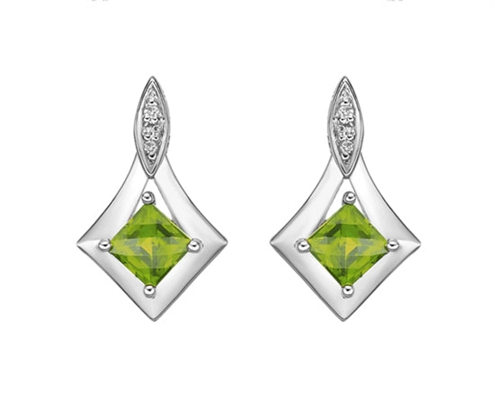 10K White Gold 4mm Princess Checkerboard Cut Peridot and 0.026cttw Diamond Dangle Earrings with Butterfly Backings