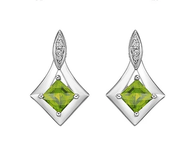 10K White Gold 4mm Princess Checkerboard Cut Peridot and 0.026cttw Diamond Dangle Earrings with Butterfly Backings