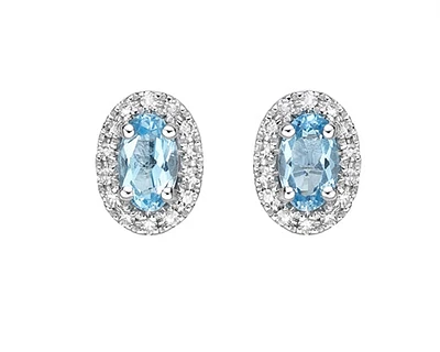 10K White Gold 5x3mm Oval Cut Swiss Blue Topaz and 0.11cttw Diamond Halo Earrings
