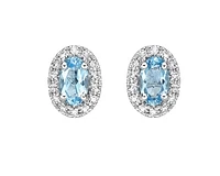 10K White Gold 5x3mm Oval Cut Swiss Blue Topaz and 0.11cttw Diamond Halo Earrings