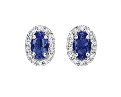 10K White Gold 5x3mm Oval Cut Sapphire and 0.11cttw Diamond Halo Stud Earrings with Butterfly Backings