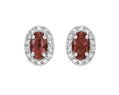 10K White Gold 5x3mm Oval Cut Garnet and 0.11cttw Diamond Halo Stud Earrings with Butterfly Backings