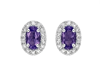 10K White Gold  Amethyst and 0.11cttw Diamond Halo Earrings with Butterfly Backs