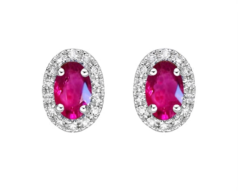 10K White Gold 5x3mm Oval Cut Ruby and 0.11cttw Diamond Halo Stud Earrings with Butterfly Backings