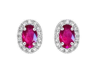 10K White Gold 5x3mm Oval Cut Ruby and 0.11cttw Diamond Halo Stud Earrings with Butterfly Backings