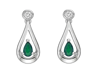 10K White Gold 5x3mm Pear Cut Emerald and 0.08cttw Diamond Dangle Earrings with Butterfly Backings
